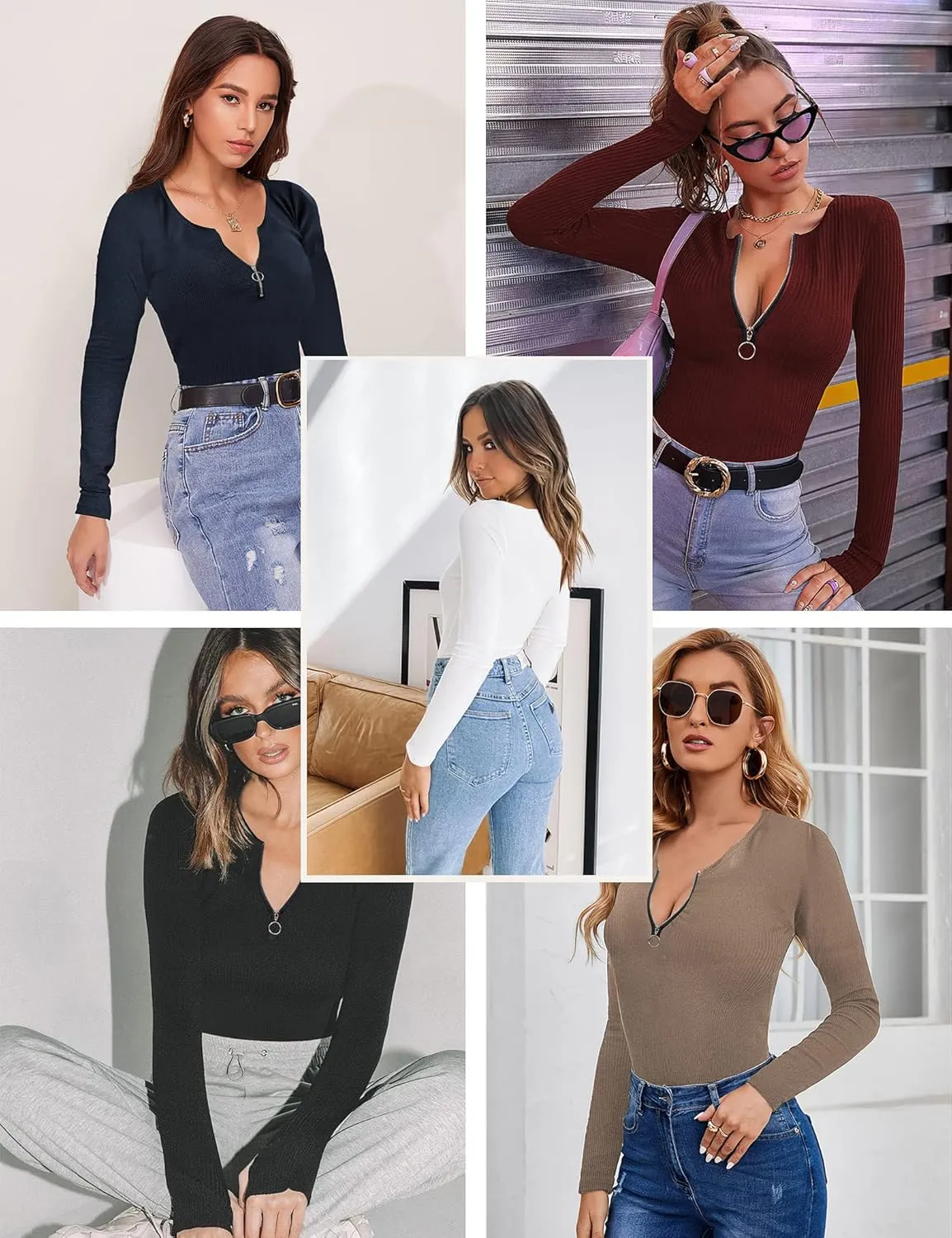 Womens Sexy Tops Long Sleeve Henley Shirts Fitted Low Cut Tops Ribbed Zipper V Neck Cleavage Fall Shirts Blouses