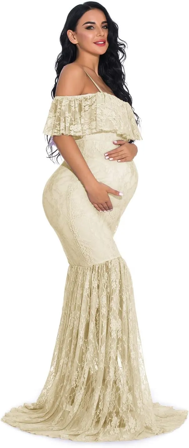 ZIUMUDY Fitted Lace Maternity Gown Ruffle Sleeve Mermaid Off Shoulder Photography Dress Baby Shower
