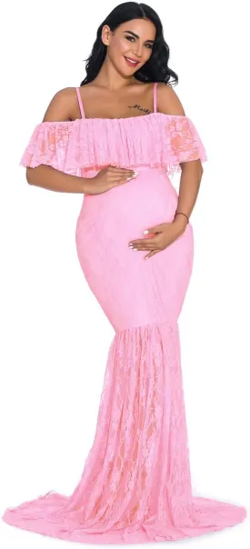 ZIUMUDY Fitted Lace Maternity Gown Ruffle Sleeve Mermaid Off Shoulder Photography Dress Baby Shower