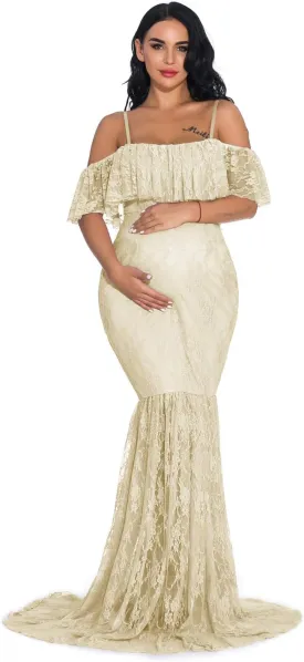 ZIUMUDY Fitted Lace Maternity Gown Ruffle Sleeve Mermaid Off Shoulder Photography Dress Baby Shower