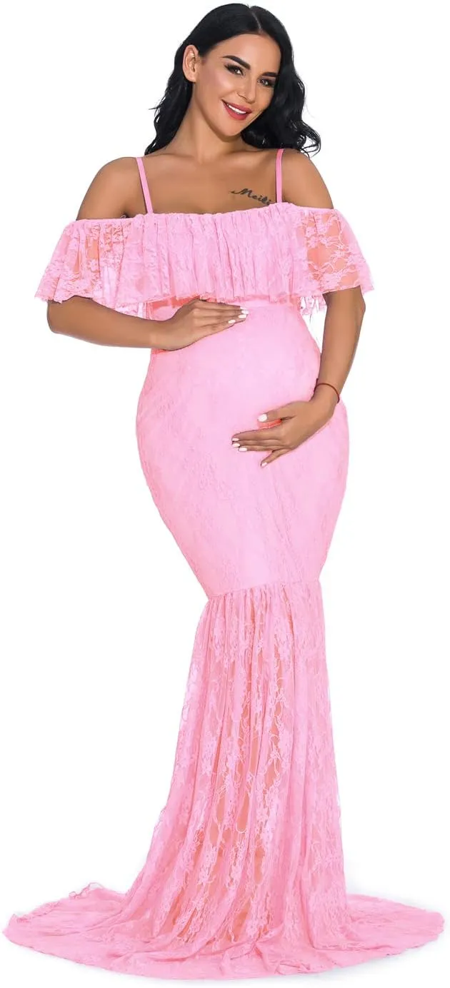 ZIUMUDY Fitted Lace Maternity Gown Ruffle Sleeve Mermaid Off Shoulder Photography Dress Baby Shower