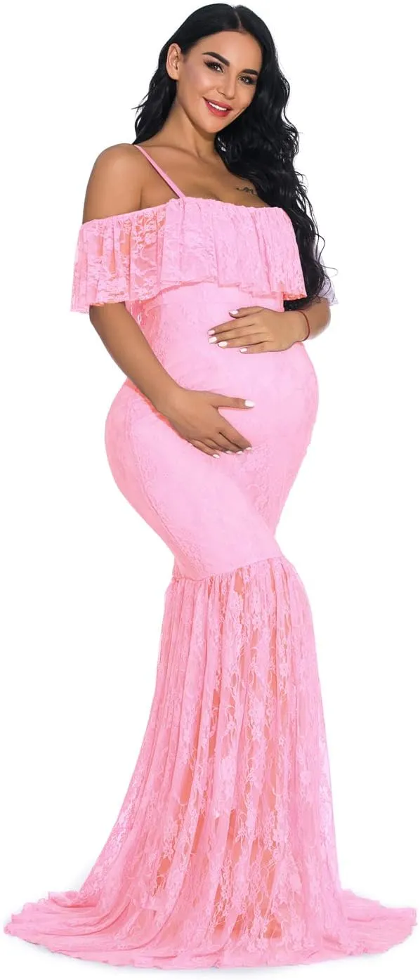 ZIUMUDY Fitted Lace Maternity Gown Ruffle Sleeve Mermaid Off Shoulder Photography Dress Baby Shower