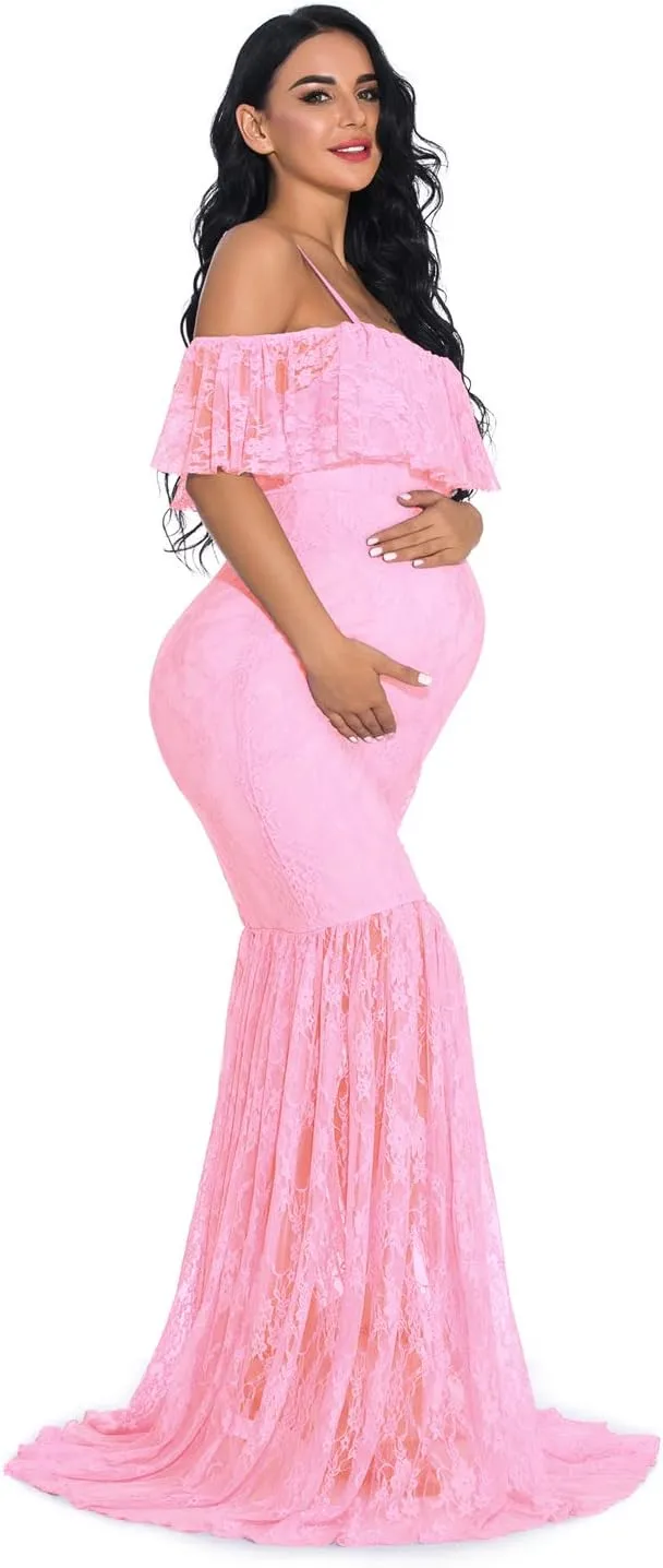 ZIUMUDY Fitted Lace Maternity Gown Ruffle Sleeve Mermaid Off Shoulder Photography Dress Baby Shower