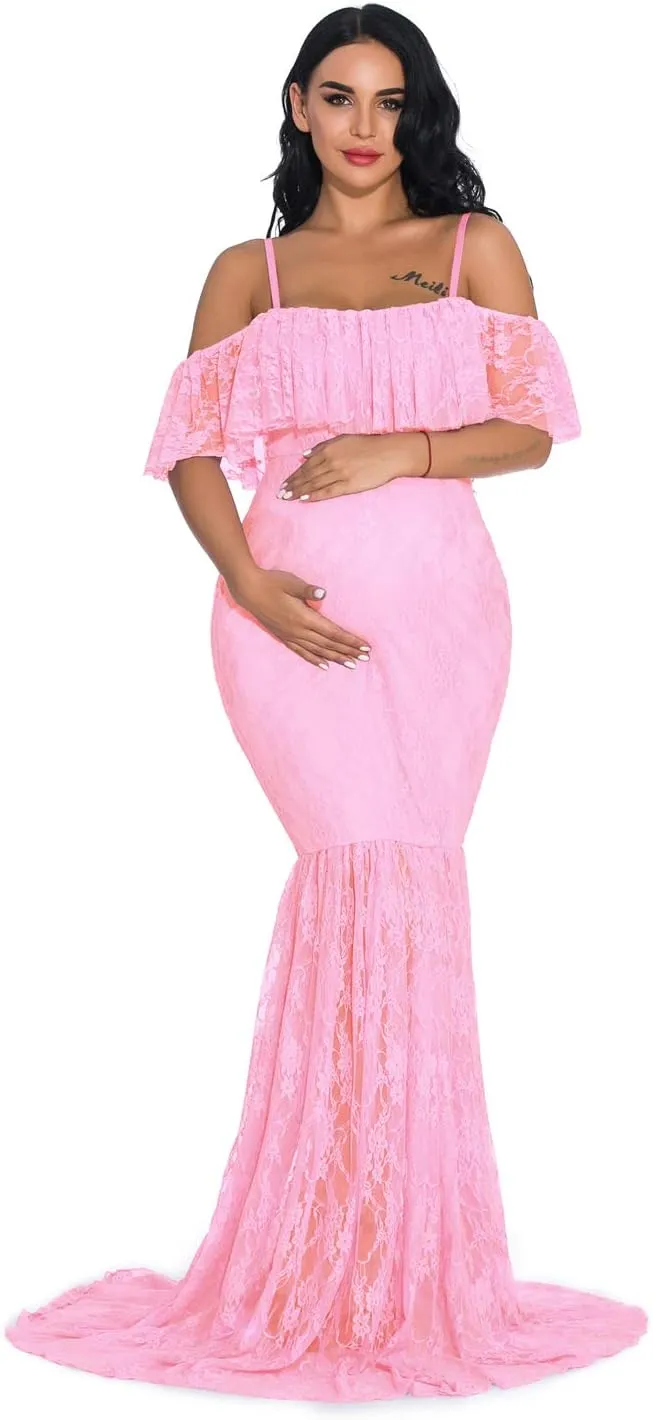 ZIUMUDY Fitted Lace Maternity Gown Ruffle Sleeve Mermaid Off Shoulder Photography Dress Baby Shower