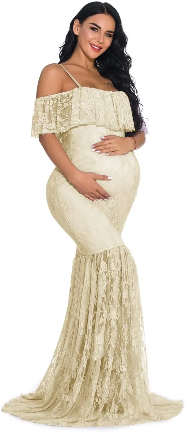ZIUMUDY Fitted Lace Maternity Gown Ruffle Sleeve Mermaid Off Shoulder Photography Dress Baby Shower