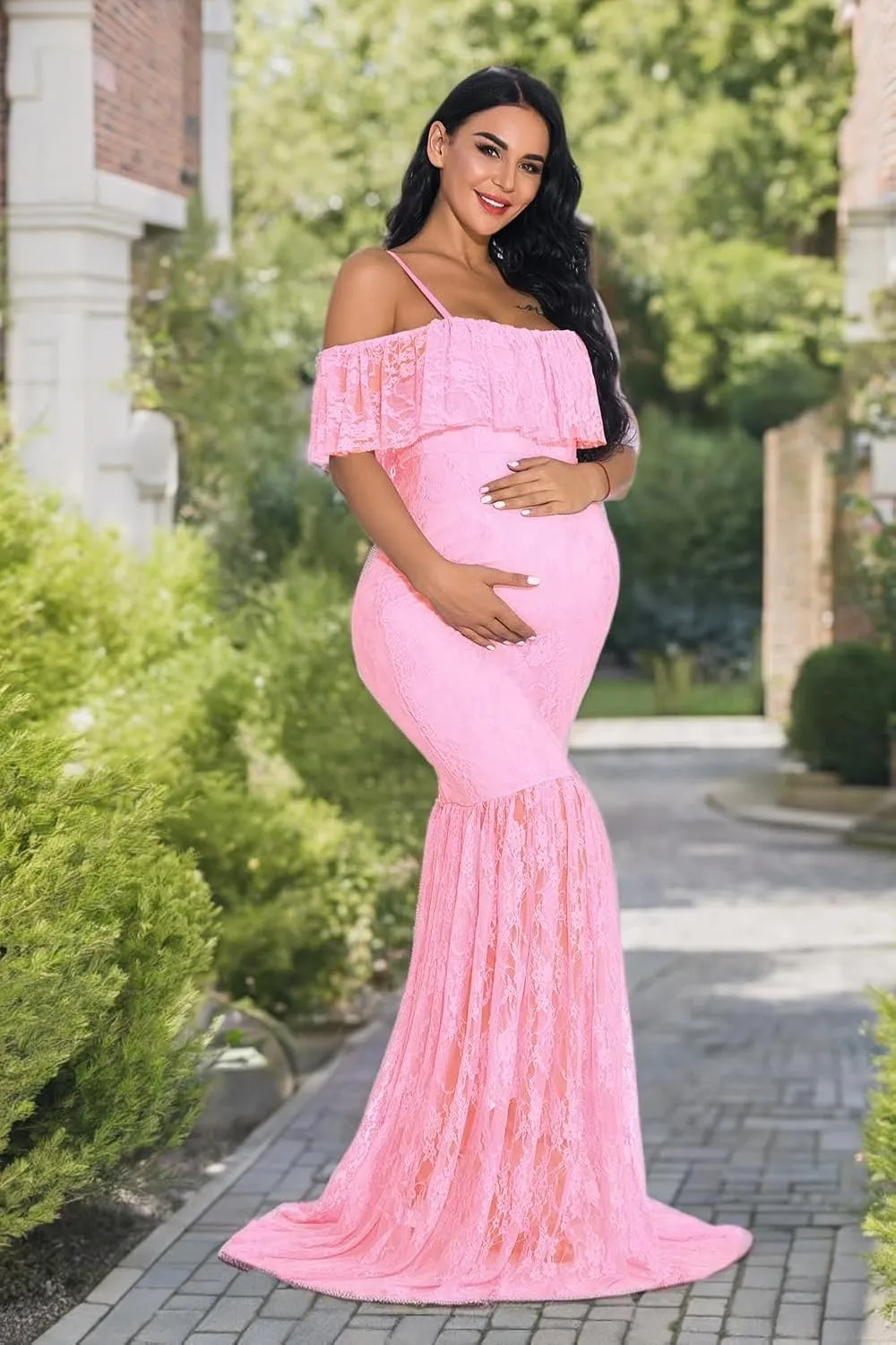 ZIUMUDY Fitted Lace Maternity Gown Ruffle Sleeve Mermaid Off Shoulder Photography Dress Baby Shower
