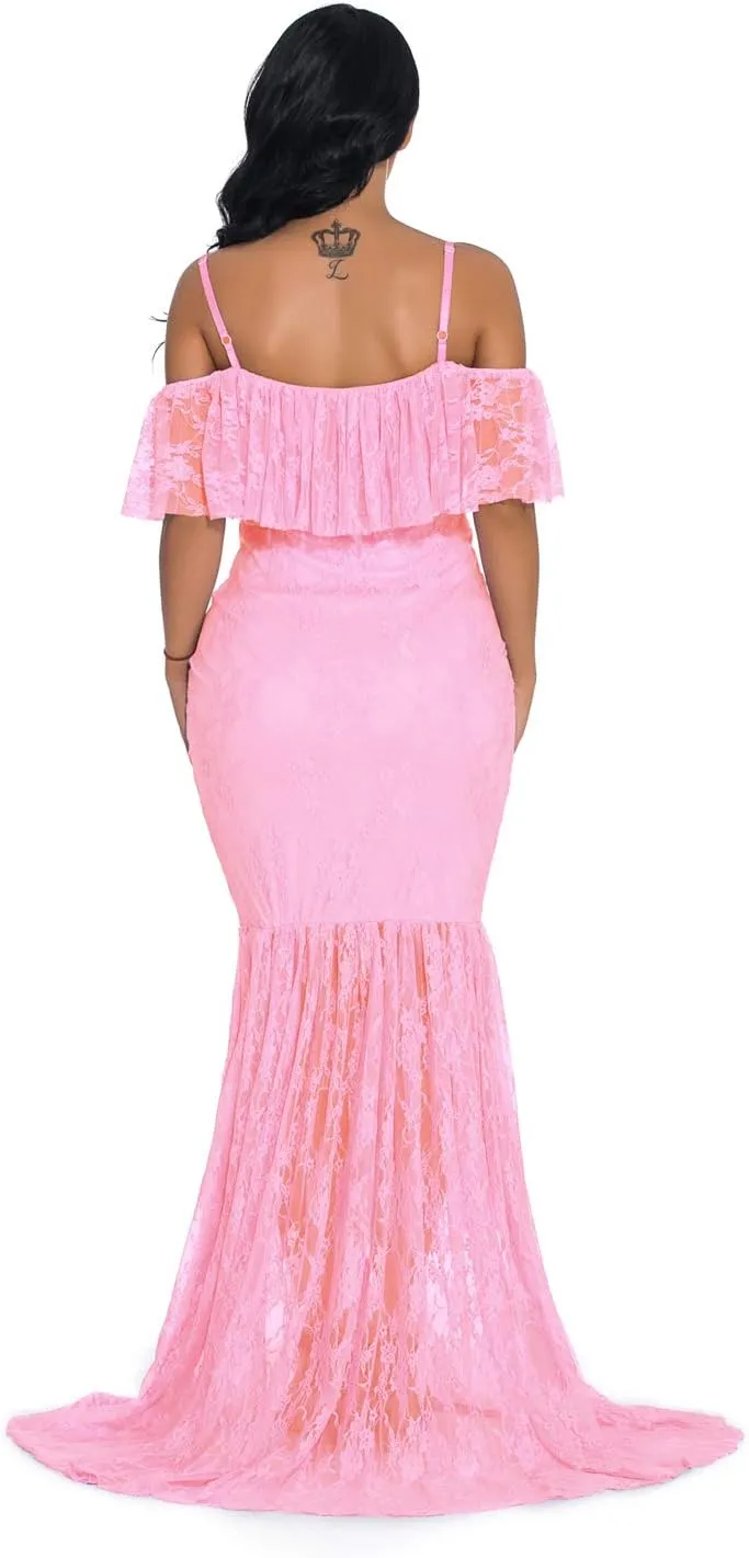 ZIUMUDY Fitted Lace Maternity Gown Ruffle Sleeve Mermaid Off Shoulder Photography Dress Baby Shower